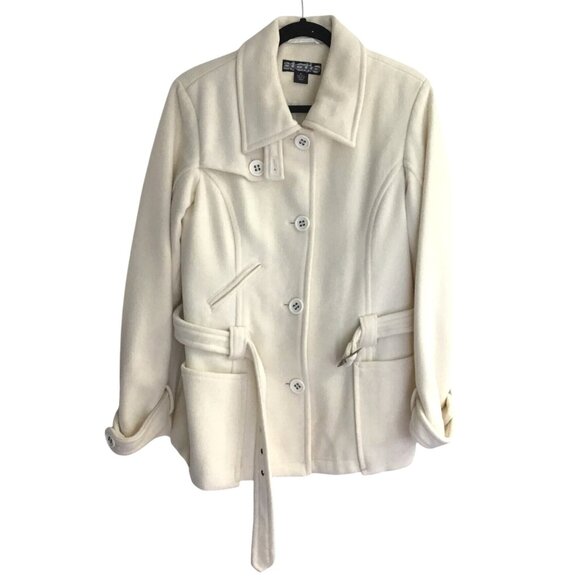 STATIC - WOMENS OFF-WHITE BUTTON-DOWN WOOL JACKET WITH BELT SIZE X-LARGE - Picture 1 of 7
